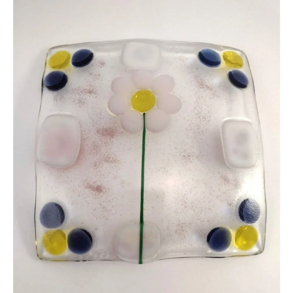Murano Style Fused Art Glass Trinket Dish Tray Flower Jewelry Square 6